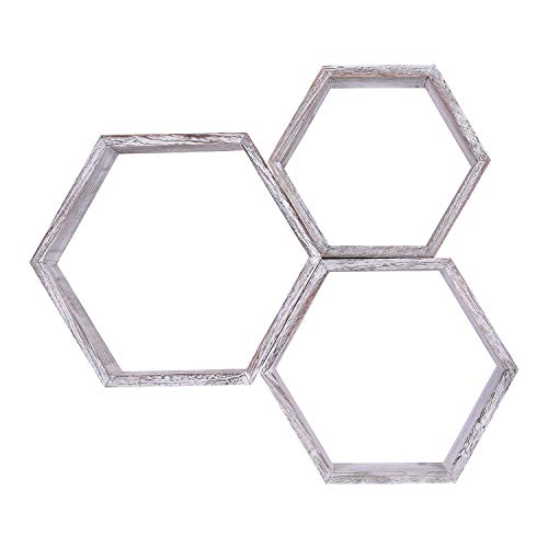 Comfify Estantes Flotantes Hexagonales Montados en Pared Rústicos Blancos - Juego de 3 - Grandes, Medianos y Pequeños - Estantes para Recámaras, Salones y más - Decoración de Pared de Panal de Abeja