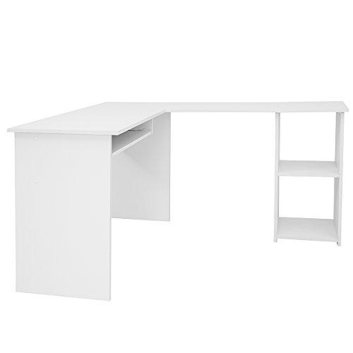 COMIFORT Escritorio Forma L - Mesa de Estudio con Estantería de Estructura Firme, Moderna y Minimalista con 2 Baldas Espaciosas y de Gran Capacidad, Color Blanco