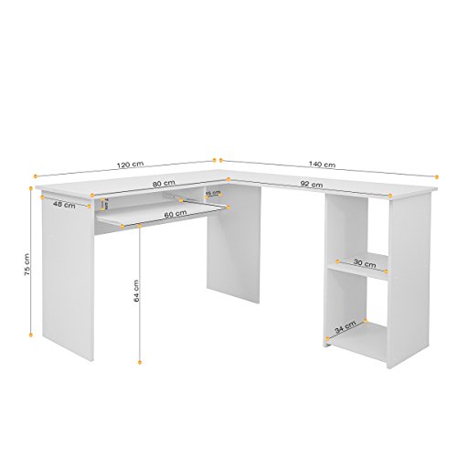 COMIFORT Escritorio Forma L - Mesa de Estudio con Estantería de Estructura Firme, Moderna y Minimalista con 2 Baldas Espaciosas y de Gran Capacidad, Color Blanco