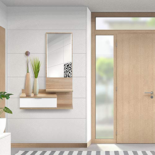 COMIFORT Recibidor Colgante - Mueble de Entrada con Cajón, Espejo y 3 Estantes de Estilo Nórdico y Moderno, Muy Resistente y Estable, de Color Blanco y Roble