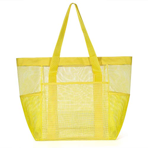 Comius Bolsa Grande de Malla de Playa, Bolsa de Almacenamiento de Juguetes de Arena, Bolsa Plegable de Compras, Bolsa de Almacenamiento de Comestibles para Vacaciones (Yellow)