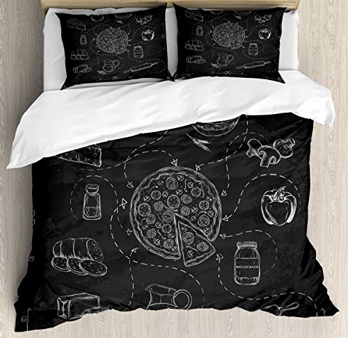 Conjunto de funda nórdica de pizza Esquema Gráfico temático de receta tradicional italiana con elementos de comida en la pizarra, juego de cama decorativo de 3 piezas con 2 fundas de almohada, rey mul