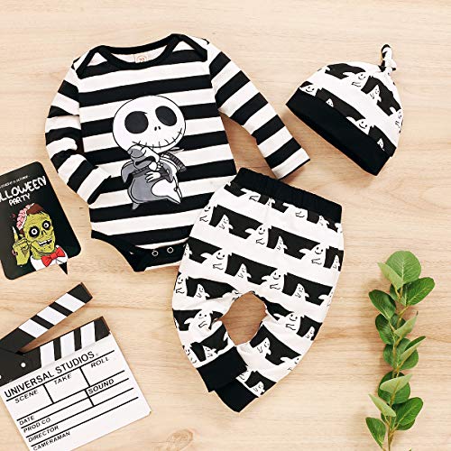 Conjuntos para Niña Invierno Bodies Manga Larga con Rayas Pijama Bebé Recién Nacido Mangas Largas + Pantalones Largos Dibujos + Gorro para Halloween Fiesta (Negro, 0-6 M)