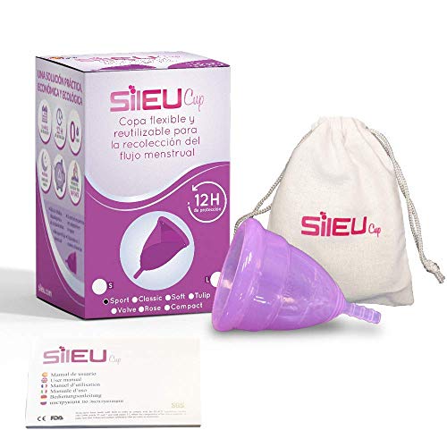 Copa Menstrual Sileu Cup Sport - Copa deportiva para deportes - Fácil de poner y quitar, suave e hipoalergénica - Recomendada por ginecólogos - Talla S, Color Morado + Esterilizador Plegable Rosa