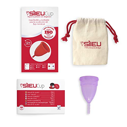 Copa Menstrual Sileu Cup Sport - Copa deportiva perfecta para deportes, pilates, yoga, piscina, baile, gimnasio - Alternativa ecológica y natural a tampones y compresas - Talla L, Morado