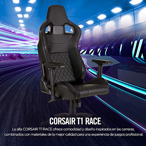 Corsair T1 Race Silla de Oficina, para Videojuegos, Polipiel, fácil de ensamblar, giratoria ergonómica, Altura Ajustable y reposabrazos 4D, Asiento cómodo y reclinable, Negro