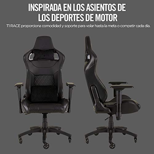 Corsair T1 Race Silla de Oficina, para Videojuegos, Polipiel, fácil de ensamblar, giratoria ergonómica, Altura Ajustable y reposabrazos 4D, Asiento cómodo y reclinable, Negro