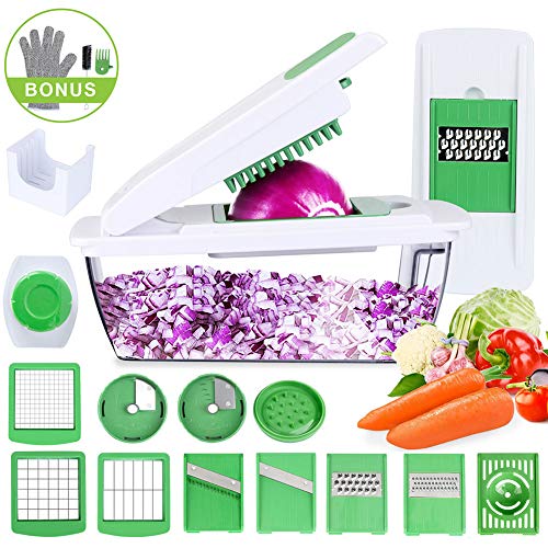 Cortador de Verduras 15 en 1 Mandolina Multiusos Slicer de Vegetales Profesional Rallador Corta Espiral Frutas 9 Cuchillas Acero Inoxidable ,Guantes ,Protector de Mano,Separador de Claras de Huevo