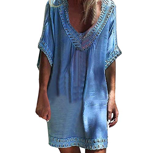 Cover Up Mujer Beachwear 2019 Nuevo SHOBDW Pareos Playa de Verano Casual Color Sólido Tops Blusa Fuera del Hombro Encaje Vestido Suelto Tallas Grandes S-XXL(Azul,XL)