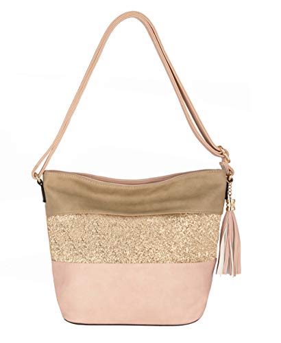 CRAZYCHIC - Bolso Bandolera Lentejuelas Mujer - Bolsos Hombro Cuero PU - Crossbody Messenger Multicolor Rayas - Bolso del Cubo - Cartera de Mano Fiesta Noche Elegante Moda - Rosa