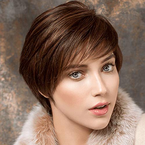 Creamily Pelucas cortas con estilo con flequillo en capas Pixie Cut peluca de pelo sintético recto natural (Marrón rojiza # 33)