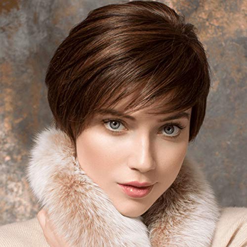 Creamily Pelucas cortas con estilo con flequillo en capas Pixie Cut peluca de pelo sintético recto natural (Marrón rojiza # 33)