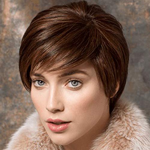 Creamily Pelucas cortas con estilo con flequillo en capas Pixie Cut peluca de pelo sintético recto natural (Marrón rojiza # 33)