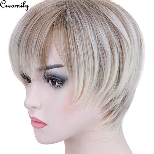 Creamily Pelucas cortas de corte rubio mezclado marrón Pixie Peluca natural de capa corta y elegante con flequillo Peluca sintética resistente al calor para mujeres