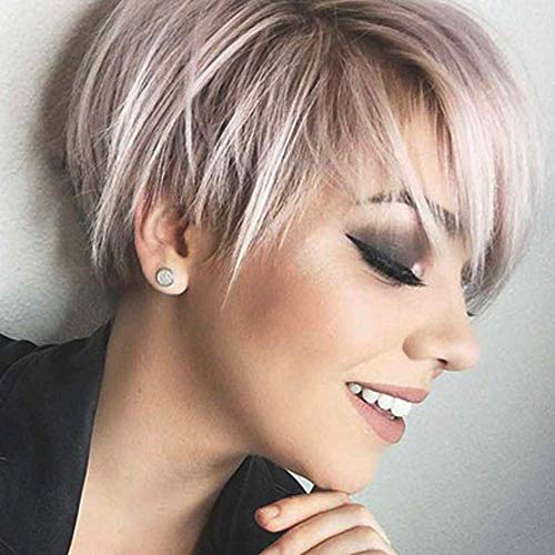 Creamily Pelucas cortas de corte rubio mezclado marrón Pixie Peluca natural de capa corta y elegante con flequillo Peluca sintética resistente al calor para mujeres