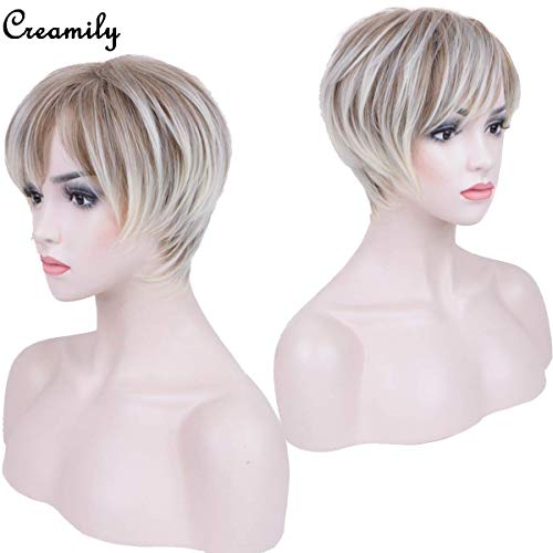 Creamily Pelucas cortas de corte rubio mezclado marrón Pixie Peluca natural de capa corta y elegante con flequillo Peluca sintética resistente al calor para mujeres