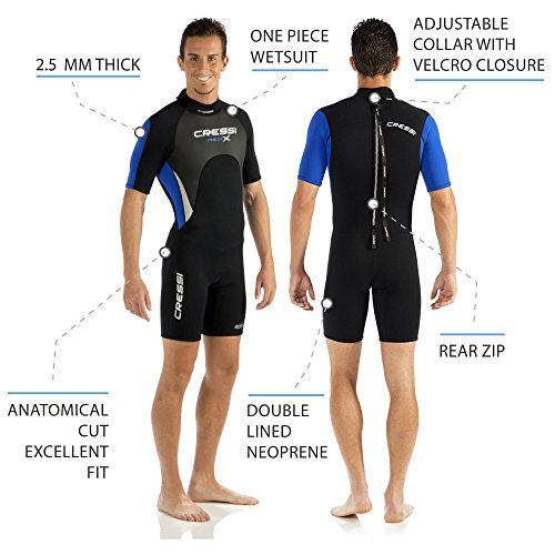 Cressi Med X Man Wetsuit 2.5 mm Traje Monoshort sin Capucha en Neopreno Biforrado, Hombre, Negro/Azul/Plata, M/3