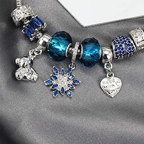 CT Jewelry Pulseras Brillantes Abalorios United Flor Hexagonal Corazon Oro Blanco 14K Moda Charms Mujer Regalos, Azul