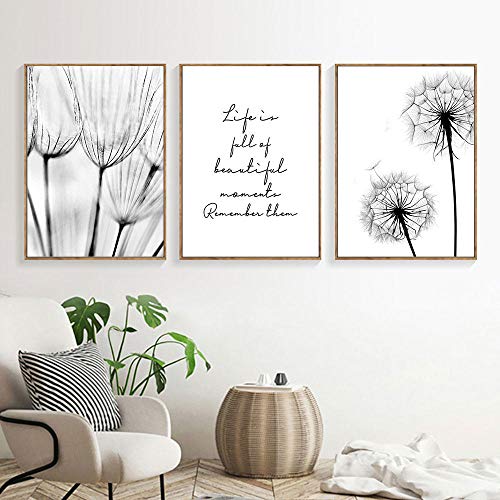 Cuadros en blanco y negro Pintura de lienzo de pintura de lienzo de diente de león Impresión del arte Nordic Dandelion Poster Arte de la pared Dormitorio Sin marco