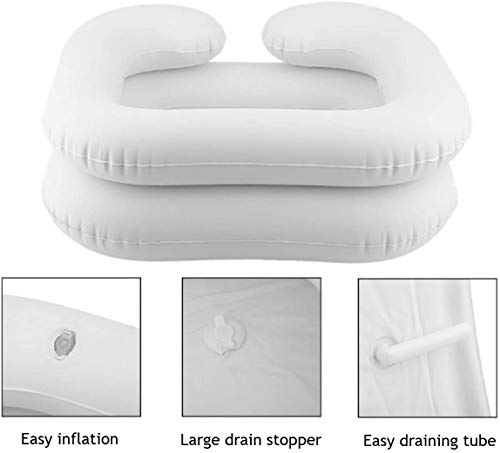 Cuenco portátil para champú con bomba de pie – Lavabo inflable de lavado de cabello para personas con discapacidad y cuidado con diseño de cámara dual con soporte de cuello integrado