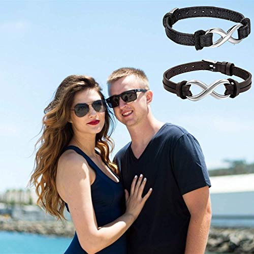 Cupimatch Pulseras Infinito 2 Pcs Cuero Acero Inoxidable Ajustable Brazalete Hombre Mujer Regalo Amor Amistad Aniversario Boda