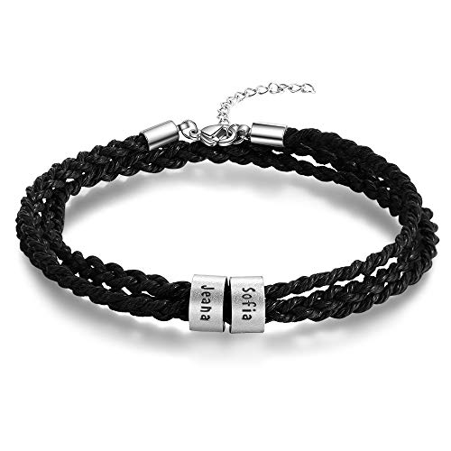 DaMei Personalizada Pulseras para Hombre Cuero con Nombre para Familia Pareja Brazalete Plata Hombre Mujer Pulsera de España - Ideas Regalo para Hombre da Cumpleaños Aniversario