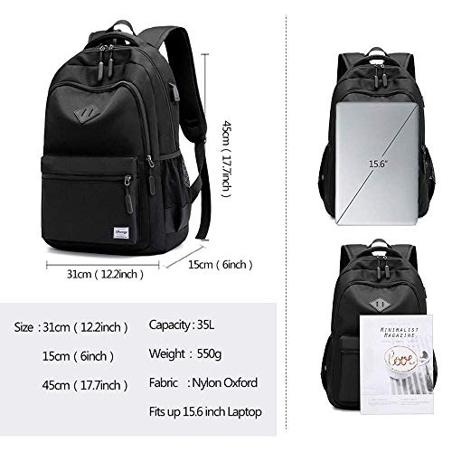 Danny®Mochila Escolar Unisex clásica y Ligera Resistente a desgarros, Mochila de Viaje con Puerto de Carga USB para portátil de 15.6 Pulgadas,Negro