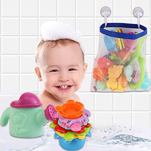 deAO Conjunto Juguetes para Hora del Baño Infantil Muñecos de Goma, Mini Pistola de Agua y Jarritas Accesorios para Bañera Incluye Bolsa de Almacenaje