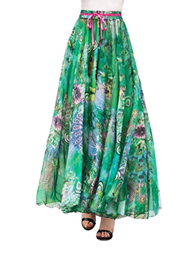 DEBAIJIA Falda Larga Mujer Maxi Bohemia Playa Vacaciones Gasa con Estampado Floral Talla Grande Cintura Elástica Verde - M