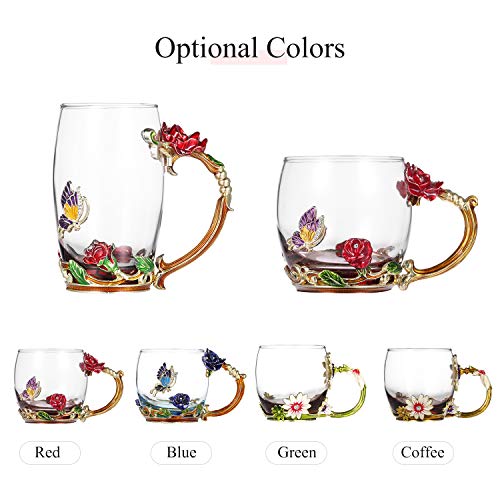 Decdeal 350ML Taza de Té con Diseño de Flores, Esmaltada, de Cristal, Regalos Personalizados para Mujeres, Dia de la Madre, Hermanas, Cumpleaños, Navidad, San Valentín