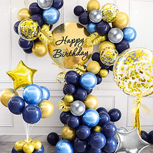 Decoración de cumpleaños de globos de oro azul, globos de papel de aluminio, globos de látex azul marino, globos metálicos de plata de oro azul, globos de confeti de oro, globos de papel de estrella