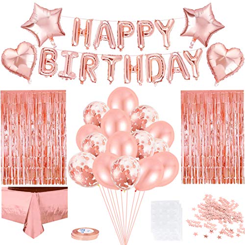 Decoración de Fiesta de Cumpleaños en Oro Rosa, Feliz Cumpleaños Guirnalda Globos de Confeti, Mantel de Oro Rosa Cortina Oropel, para Fiesta de Niña Decoración de Cumpleaños