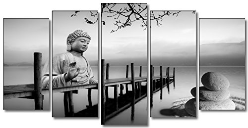 DekoArte 19 - Cuadros Modernos Impresión de Imagen Artística Digitalizada | Lienzo Decorativo para Tu Salón o Dormitorio | Estilo Buda Zen Paisaje en Blanco y Negro | 5 Piezas 150x80cm