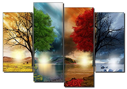 DekoArte 248 - Cuadros Modernos Impresión de Imagen Artística Digitalizada | Lienzo Decorativo para Tu Salón o Dormitorio | Estilo Paisaje Cuatro Estaciones del año Árboles Rojo | 4 Piezas 120x90cm