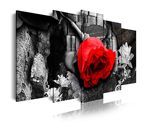 DekoArte 264 - Cuadros Modernos Impresión de Imagen Artística Digitalizada | Lienzo Decorativo para Tu Salón o Dormitorio | Estilo Naturaleza En Blanco y Negro con Flor en Rojo | 5 Piezas 150x80cm