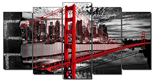 DekoArte 278 - Cuadros Modernos Impresión de Imagen Artística Digitalizada | Lienzo Decorativo para Tu Salón o Dormitorio | Estilo Ciudades EEUU Golden Gate Blanco Negro Rojo | 5 Piezas 200x100cm XXL