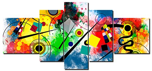 DekoArte 438 - Cuadros Modernos Impresión de Imagen Artística Digitalizada | Lienzo Decorativo para Tu Salón o Dormitorio | Estilo Abstractos Moderno Arte Kandinsky Rojo Azul | 5 Piezas 180x85cm XXL