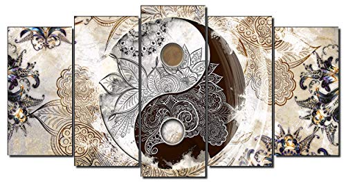 DekoArte 473 - Cuadros Modernos Impresión de Imagen Artística Digitalizada | Lienzo Decorativo Para Tu Salón o Dormitorio | Estilo Ying Yang Abstractos Zen Colores Beig Marrón | 5 Piezas 200x100cm XXL