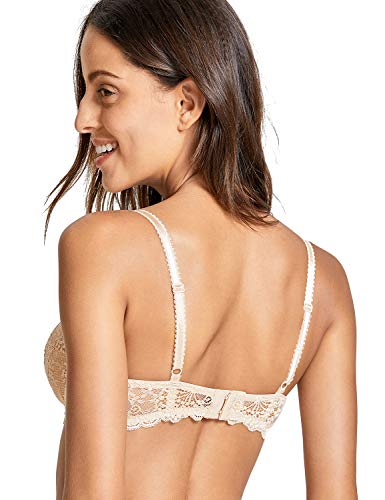 DELIMIRA - Sujetador Balconette con Aros Sin Relleno En Encaje Floral para Mujer Beige 90C