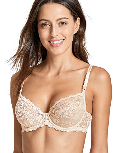 DELIMIRA - Sujetador Balconette con Aros Sin Relleno En Encaje Floral para Mujer Beige 90C