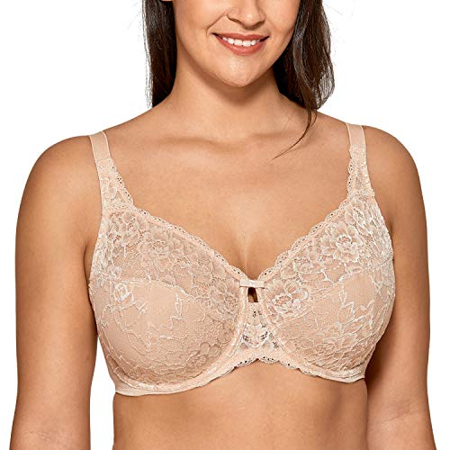 DELIMIRA - Sujetador con Aros de Copas Completas con Toques de Encaje para Mujer Beige 105F