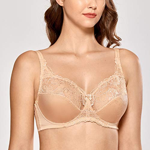 DELIMIRA - Sujetador Reductor Copa Completa con Encaje sin Aros para Mujer Beige 95B