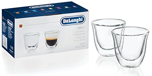 De'Longhi Juego de 2 vasos premium para espresso, apto para lavavajillas, pared doble vidrio templado, transparente, 60 ml