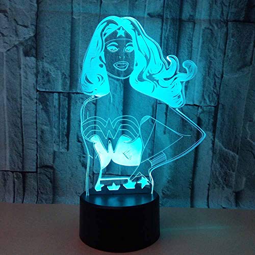 DFDLNL 3D Led Wonder Woman Modelado Lámpara de Escritorio Interruptor de botón táctil para niños Superhéroe Luz Nocturna USB Dormitorio Iluminación Luminaria Decoración para el hogar