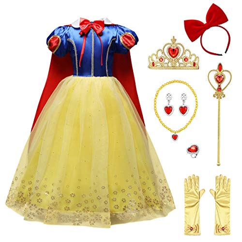 Disfraz de Blancanieves para Niña, Chica Vestido Largo Maxi con Accesorio Carnaval Halloween Navidad Cumpleaños Vestido de Fiesta Princesa Cuento de Hadas Traje de Cosplay Pageant Comunión 4-5 Años