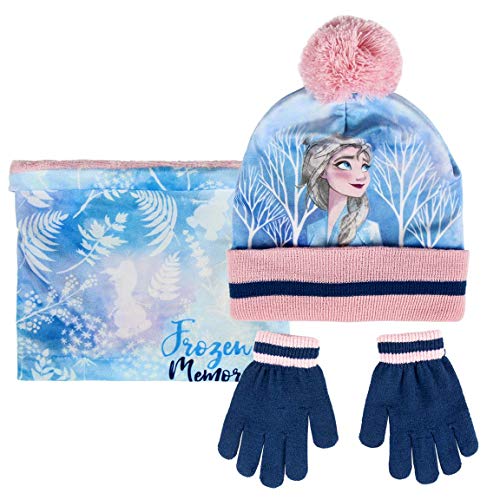 Disney Frozen 2 Set de Bufanda Gorro y Guantes Para Niña Con Princesa Disney Elsa, Accesorios Invierno Set 3 Piezas Braga Cuello Manoplas Gorros Niña, Regalos Frozen Para Niñas Niños