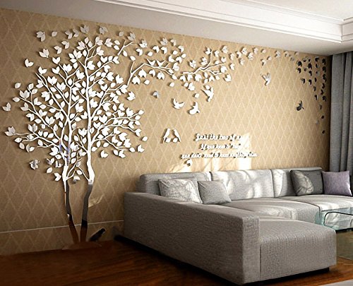 DIY 3D Enorme Árbol de Pareja Pegatinas de Pared Cristal Acrílico Calcomanías Murales Decoración Hogareña Artes de la Pared (M, Plata, Izquierda a Derecha)