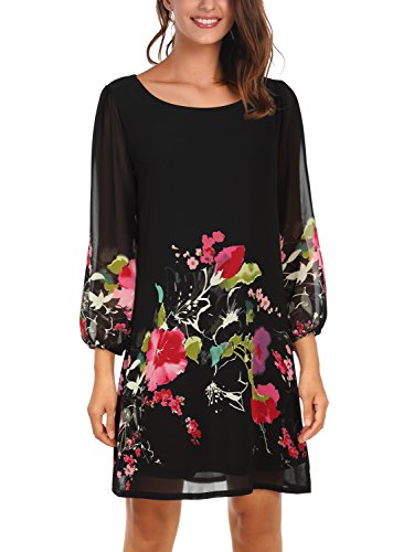 DJT - Vestido de mujer con estampado de flores, cuello redondo, informal, estilo blusa Negro-5. XL