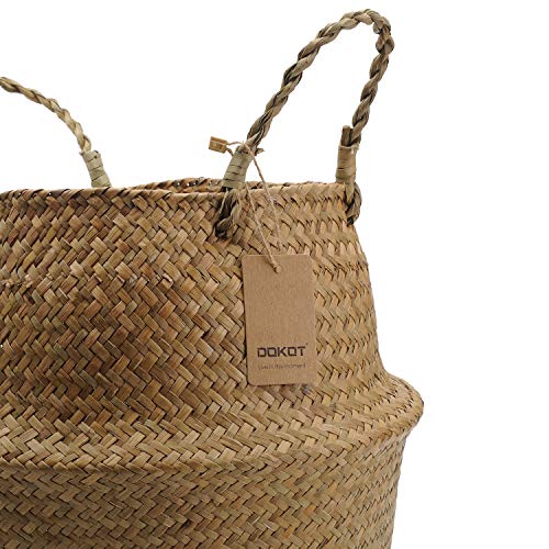 DOKOT Natural Seagrass Mimbre Cesta de Cesteria, Cestos para la Colada con Asa, Cesta Plegable para el Vientre Maceta, Decoracion para el Hogar Almacenar Juguetes, Ropa, Fruta o Plantas 32 x 28 cm