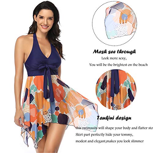 Donpapa Mujer Traje de Baño Tankinis Hálter Falda Push Up Bikini Conjunto de Malla Playa Ropa de Baño de Cintura Alta(Azul Naranja S)